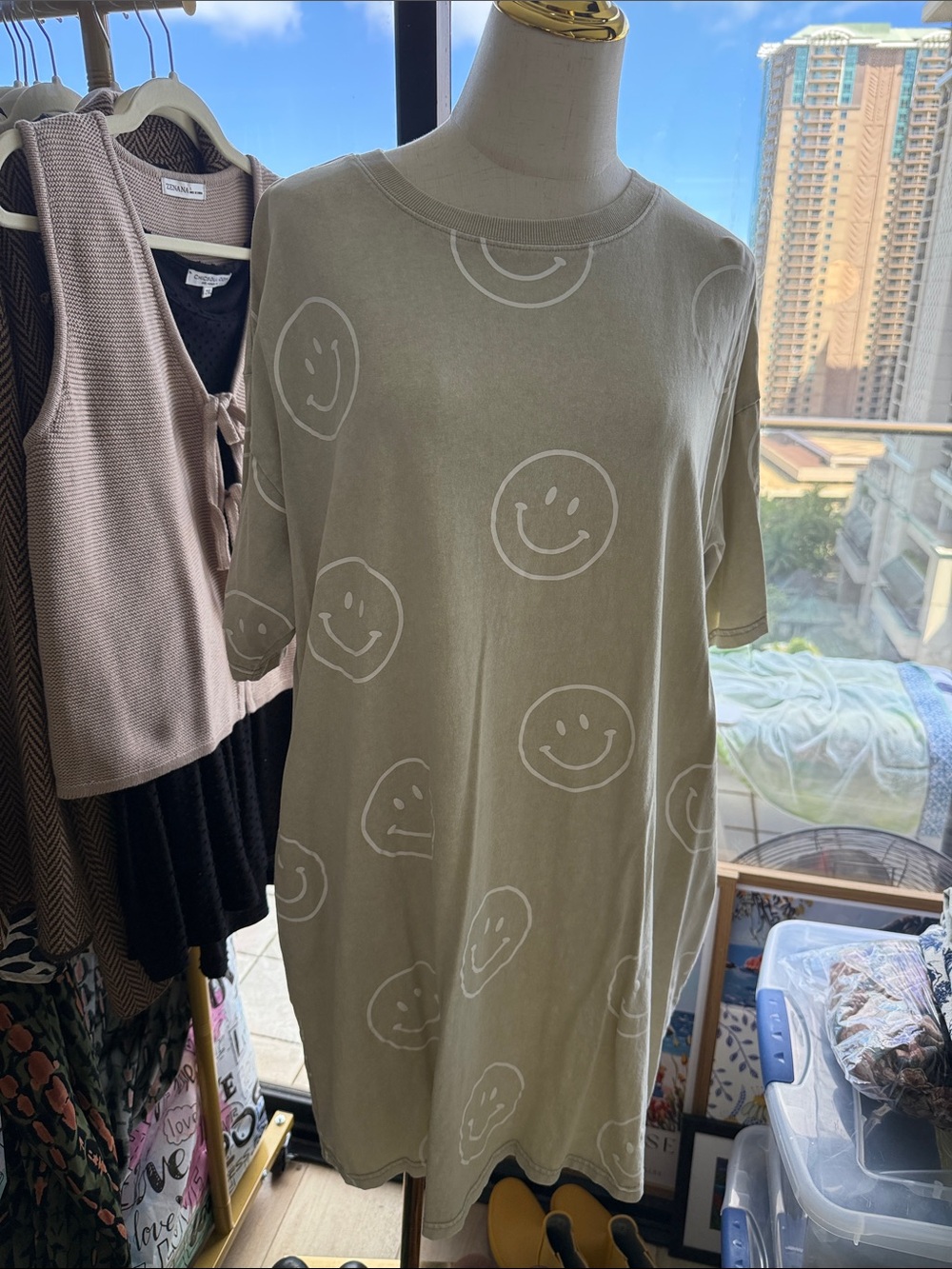 Easel Smiley Face Graphic Tee Dress - Tan